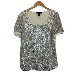 Ashley Stewart Silver Sequin Short Sleeve Scoop Neck Top